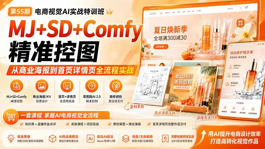 电商视觉 AI实战训练营第55期：MJ+SD+Comfy精准控图，从商业海报到首页详情页全流程实战-创课坊