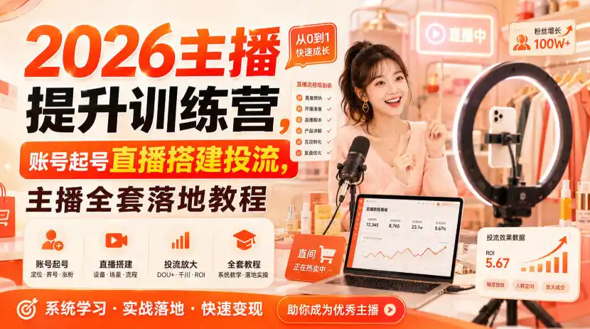 2026主播提升训练营，账号起号直播搭建投流，主播全套落地教程-创课坊