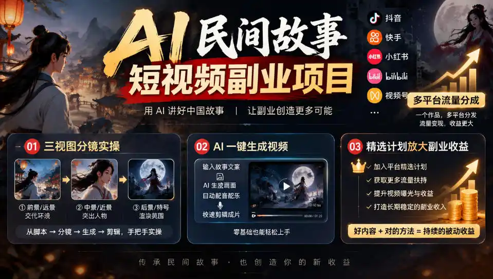 AI民间故事短视频副业项目,多平台流量分成,三视图分镜实操,精选计划放大副业收益(因人而异,不承诺收益)