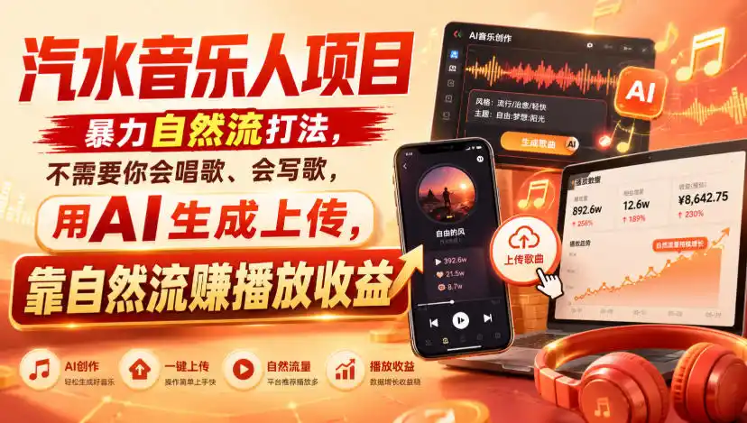 汽水音乐人项目，暴力自然流打法，不需要你会唱歌、会写歌，用AI生成上传，靠自然流賺播放收益（因人而异，不承诺收益）-创课坊