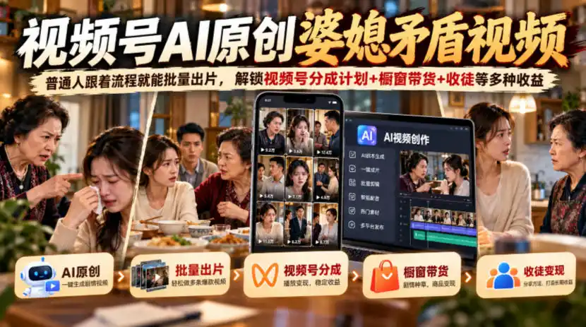 视频号ai原创婆媳矛盾视频，普通人跟着流程就能批量出片，解锁视频号分成计划+橱窗带货+收徒等多种收益（因人而异，不承诺收益）