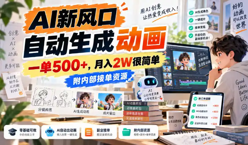 AI新风口，自动生成动画，一单500+，月入（因人而异，不承诺收益）2W很简单，附内部接单资源【揭秘】