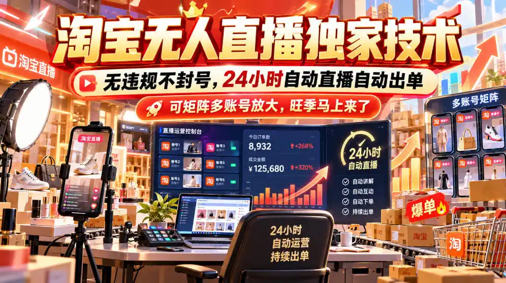 淘宝无人直播独家技术,无违规不封号,24小时自动直播自动出单,可矩阵多账号放大,旺季马上来了【揭秘】