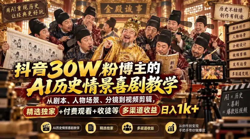 抖音30W粉博主的AI历史情景喜剧教学，从剧本、人物场景、分镜到视频剪辑，精选独家+付费观看+收徒等多渠道收益（因人而异，不承诺收益）日入（因人而异，不承诺收益）1k+