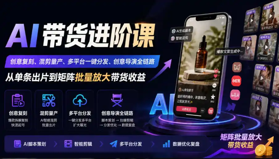 AI带货进阶课｜创意复刻、混剪量产、多平台一键分发、创意导演全链路，从单条出片到矩阵批量放大带货收益（因人而异，不承诺收益）