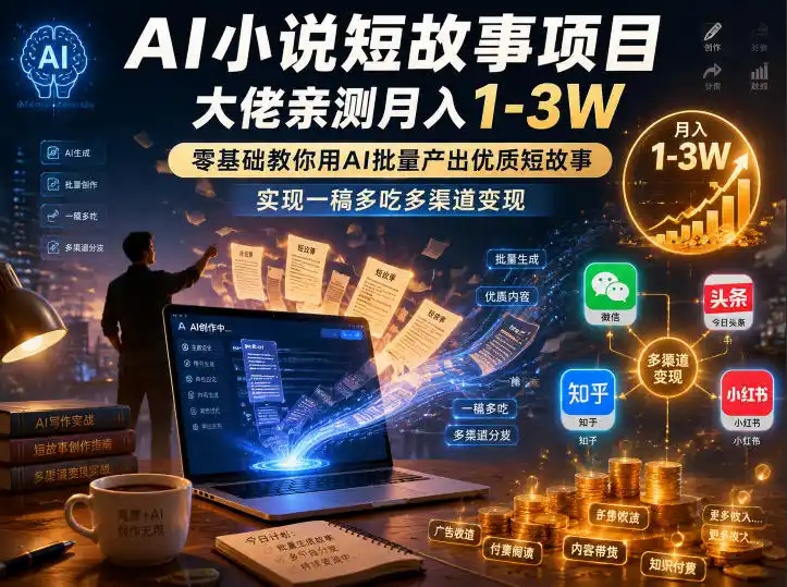 AI小说短故事项目，大佬亲测月入（因人而异，不承诺收益）1-3W，零基础教你用AI批量产出优质短故事，实现一稿多吃多渠道变现(更新0824)-创课坊