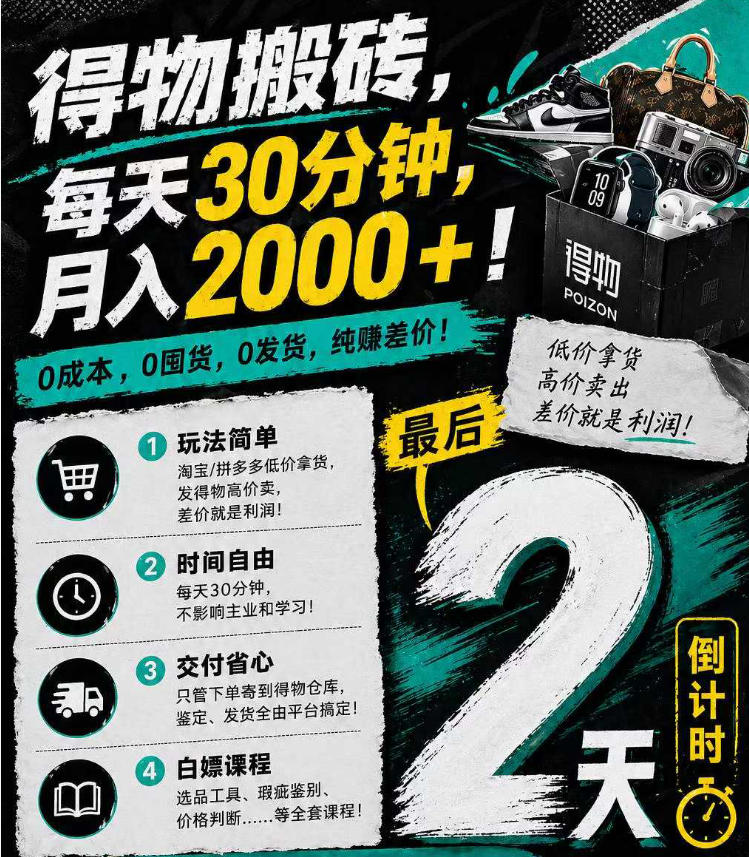 得物搬砖，0成本起步每天30分钟，月入2000+，0成本，0囤货，0发货，纯賺差价-创课坊