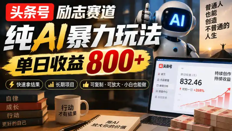 头条号励志赛道，纯AI暴力玩法，单日（因人而异，不承诺收益）收益（因人而异，不承诺收益）800+，快速拿结果，长期项目