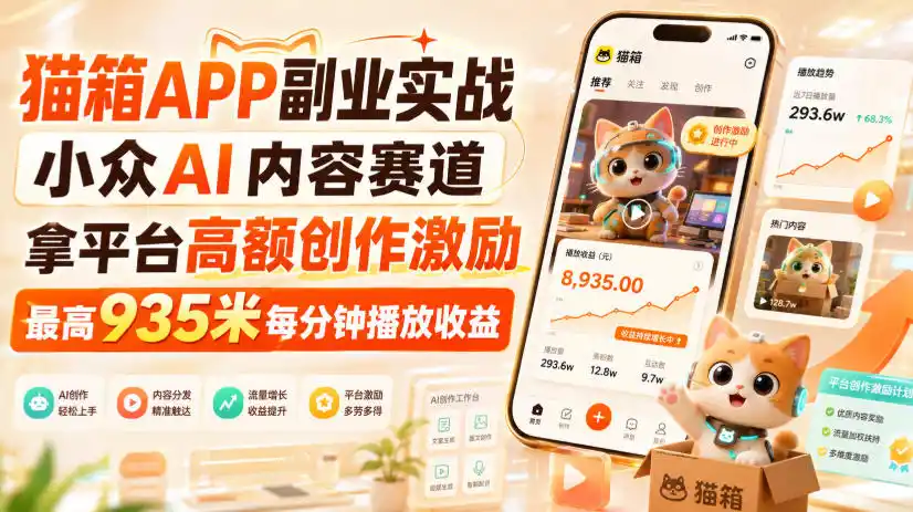 猫箱APP副业实战,小众AI内容赛道,拿平台高额创作激励,最高935米每分钟播放收益(因人而异,不承诺收益)