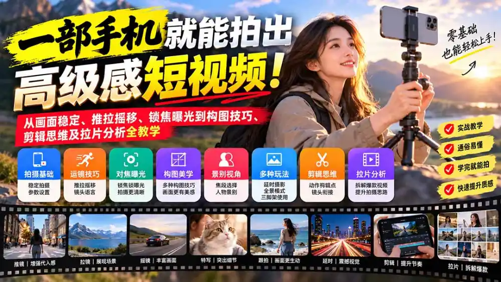 一部手机就能拍出高级感短视频!从画面稳定、推拉摇移、锁焦曝光到构图技巧、剪辑思维及拉片分析全教学