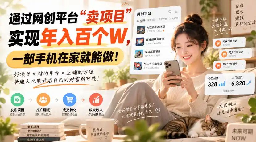 靠卖网创项目变现，一年拿下百万收益（因人而异，不承诺收益）！一台手机就能操作！