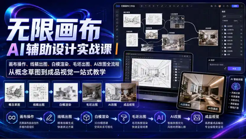 无限画布AI辅助设计实战课｜画布操作、线稿出图、白模渲染、毛坯出图、AI改图全流程，从概念草图到成品视觉一站式教学