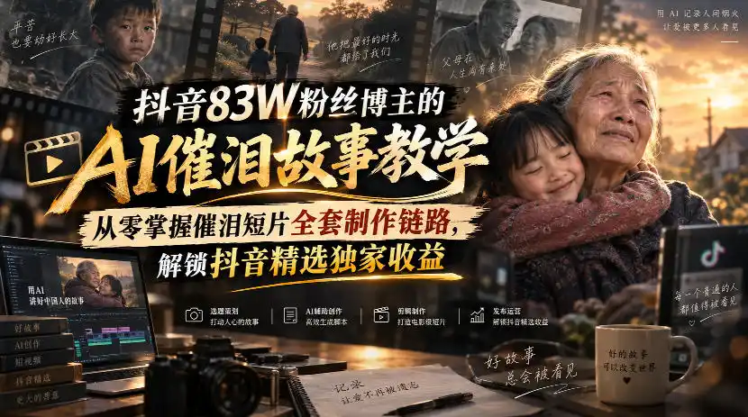 抖音83W粉丝博主的AI催泪故事教学,从零掌握催泪短片全套制作链路,解锁抖音精选独家收益(因人而异,不承诺收益)