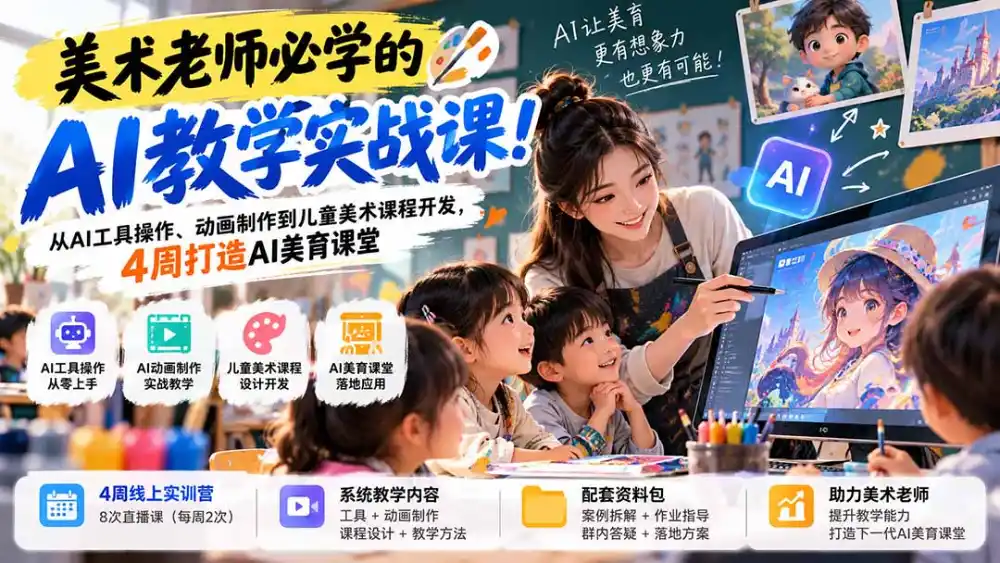 美术老师必学的AI教学实战课!从AI工具操作、动画制作到儿童美术课程开发,4周打造AI美育课堂