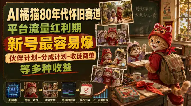 AI橘猫80年代怀旧赛道，平台流量红利期，新号最容易爆，伙伴计划-分成计划-收徒商单等多种收益