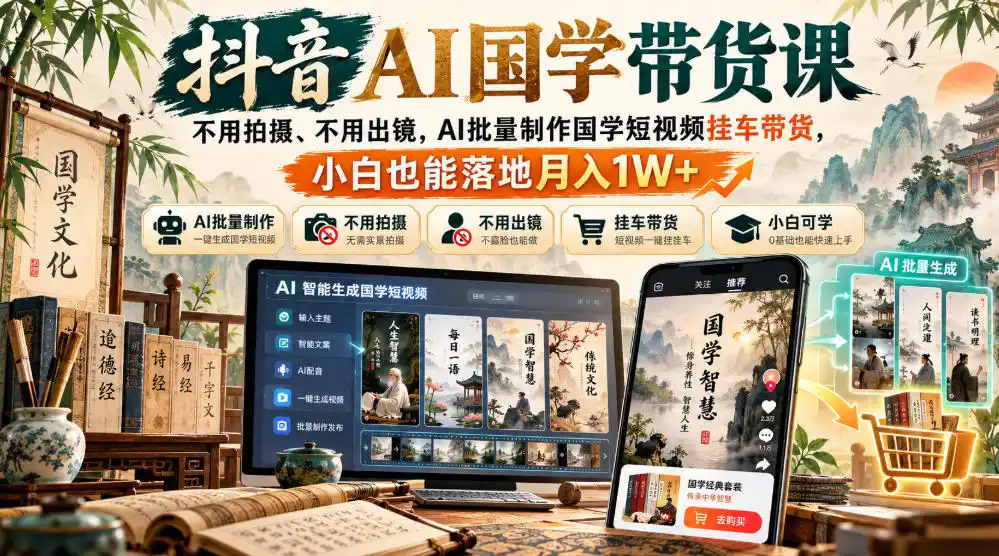 抖音AI国学带货课,不用拍摄、不用出镜,AI批量制作国学短视频挂车带货,小白也能落地月入(因人而异,不承诺收益)1W+