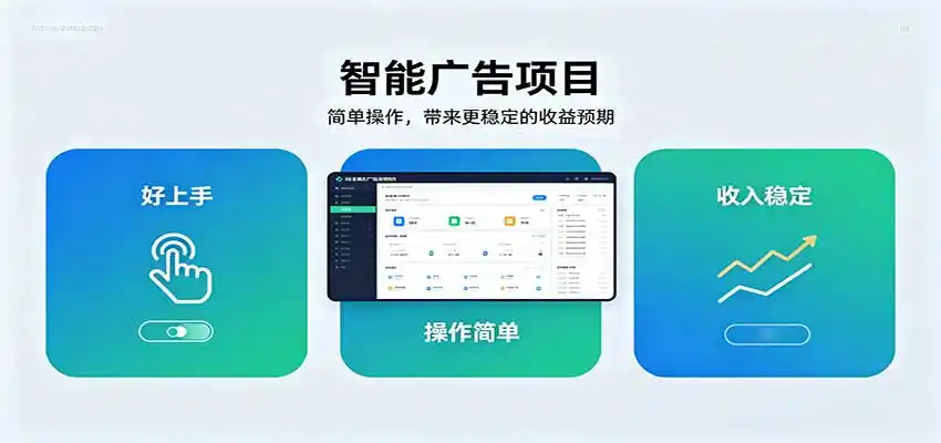 智能广告挂机项目，操作简单上手快，收益（因人而异，不承诺收益）稳定可持续。稳定日入（因人而异，不承诺收益）300+