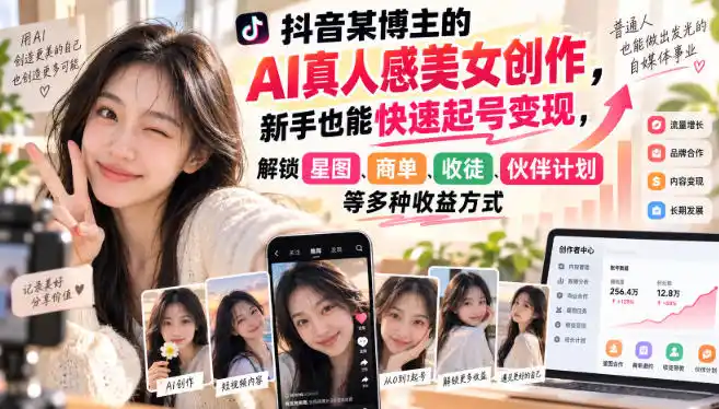 抖音某博主的AI真人感美女创作,新手也能快速起号变现,解锁星图,商单,收徒,伙伴计划等多种收益(因人而异,不承诺收益)方式