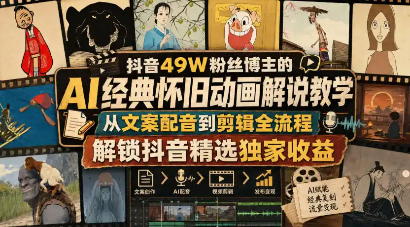 抖音49W粉丝博主的AI经典怀旧动画解说教学，从文案配音到剪辑全流程，解锁抖音精选独家收益（因人而异，不承诺收益）