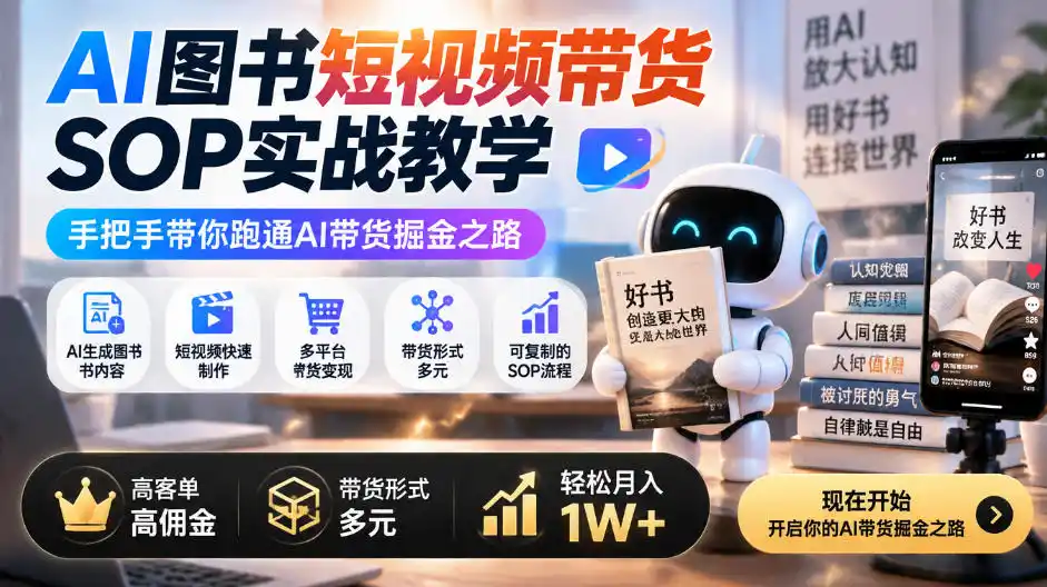 AI图书短视频带货SOP实战教学，手把手带你跑通AI带货掘金之路，高客单高佣金，带货形式多元，轻松月入（因人而异，不承诺收益）1W+