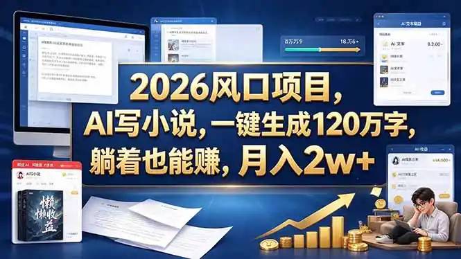 2026 风口项目，AI 写小说，一键生成 120 万字，躺着也能赚，月入（因人而异，不承诺收益） 2w +