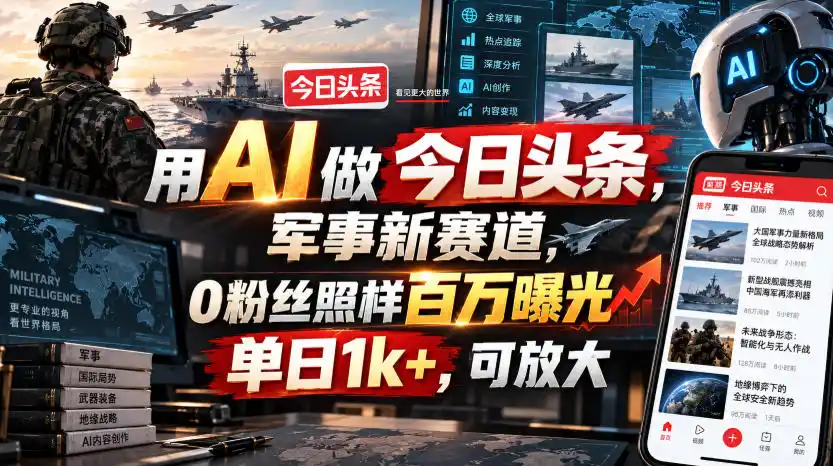 用AI做今日头条,军事新赛道,0粉丝照样百万曝光,单日(因人而异,不承诺收益)1k+,可放大