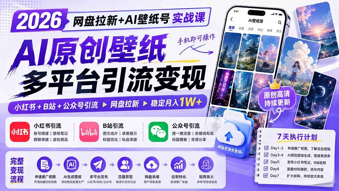 2026网盘拉新+AI壁纸号实战课：AI原创壁纸+小红书+B站+公众号引流，手机即可操作，月入（因人而异，不承诺收益）1W+