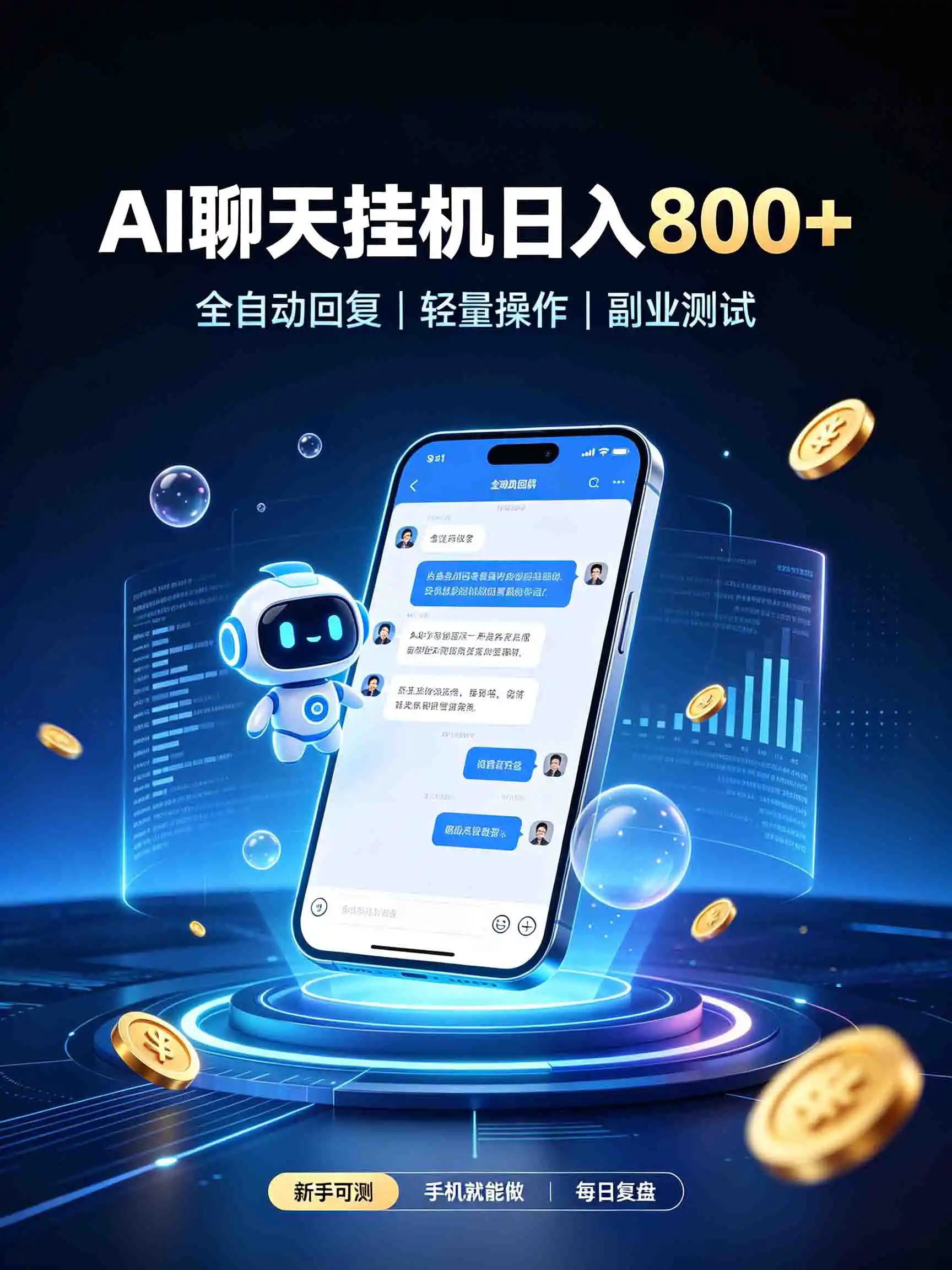 AI聊天挂机，日入（因人而异，不承诺收益）800+，适用个人副业，工作室矩阵操作